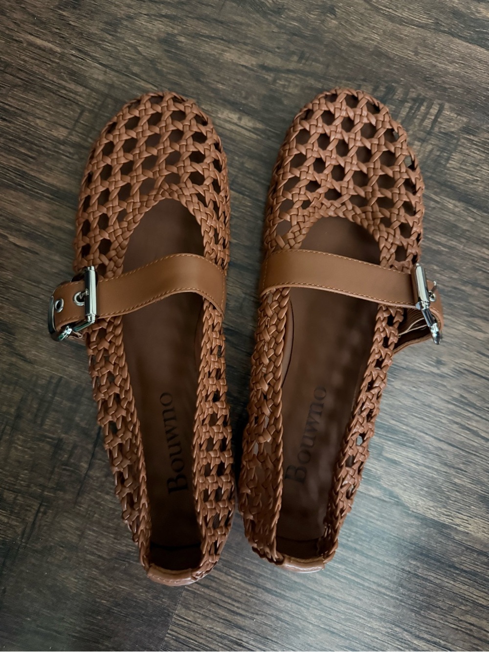 Bouwno Woven Brown Mary Jane Flats with Buckle